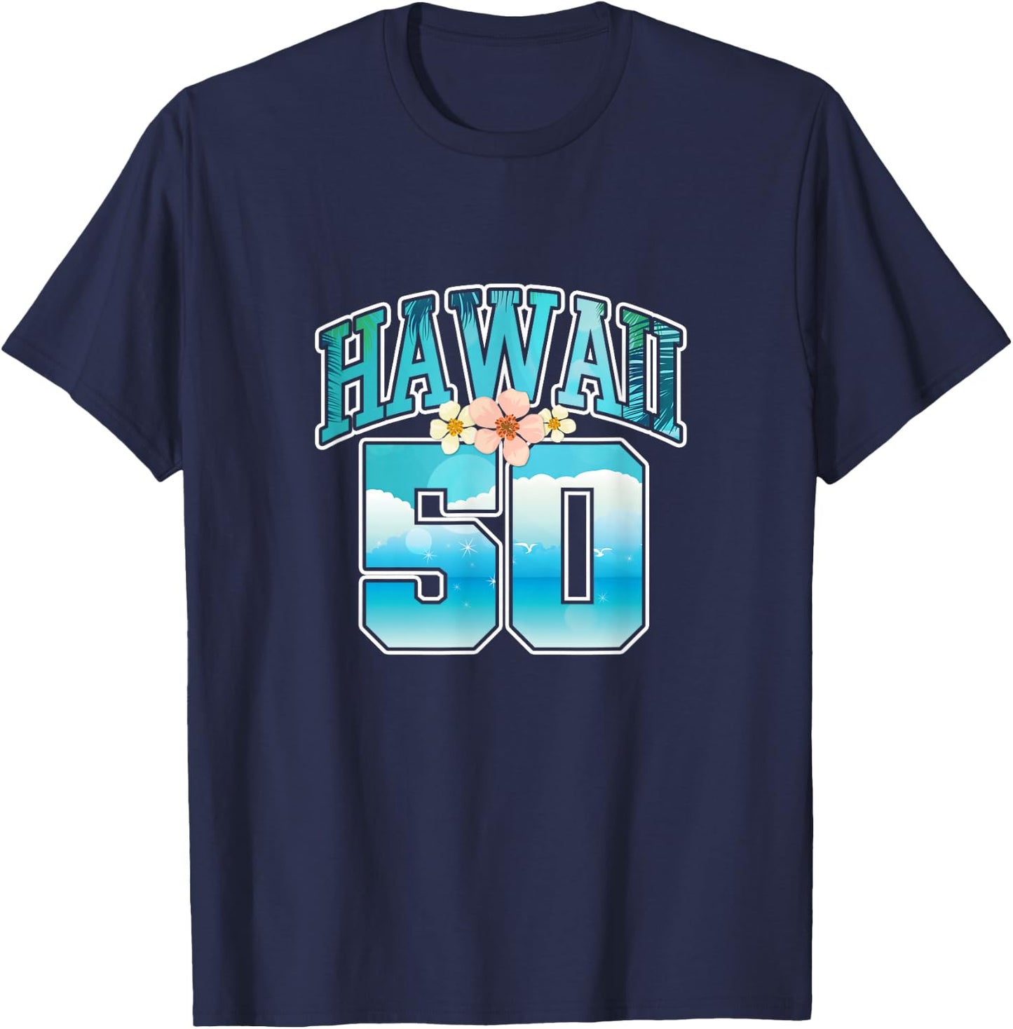Hawaii 50 50th Birthday Hawaiian Aloha Beach Hibiscus T-Shirt - T-Shirt | Navy