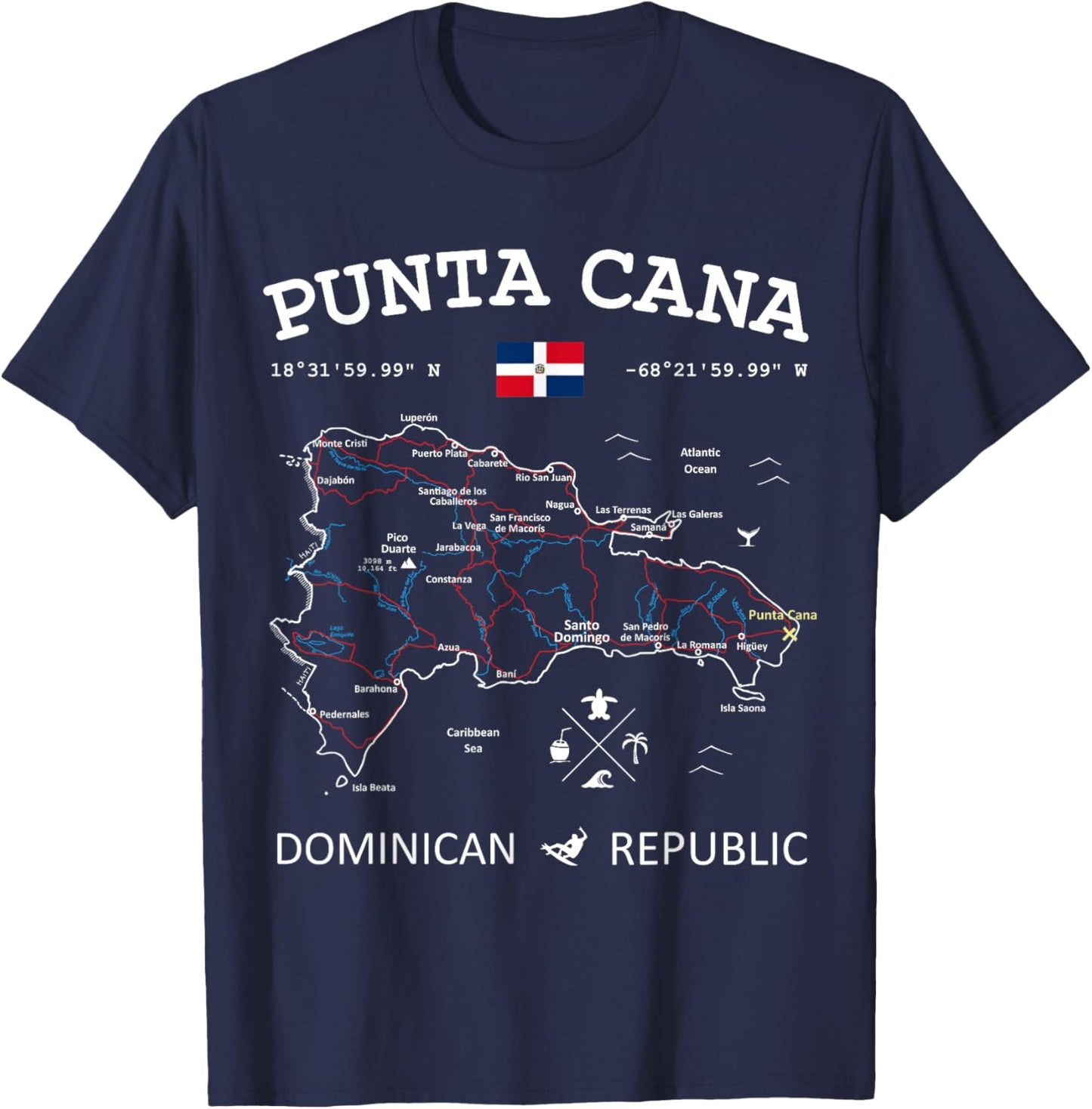 Punta Cana Dominican Republic Map Flag Travel Coordinates T-Shirt - T-Shirt | Navy