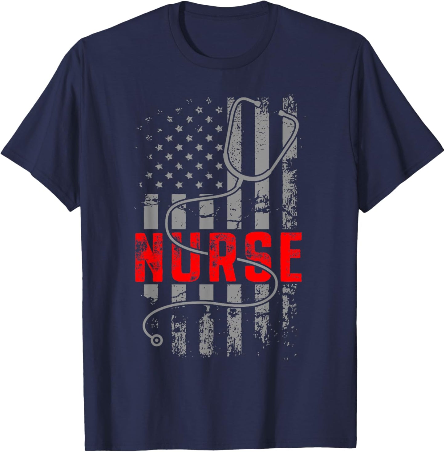 4th Of July USA Flag Patriotic Nurse Week Nurse Stethoscope Women Kids Men T-Shirt - T-Shirt | Navy
