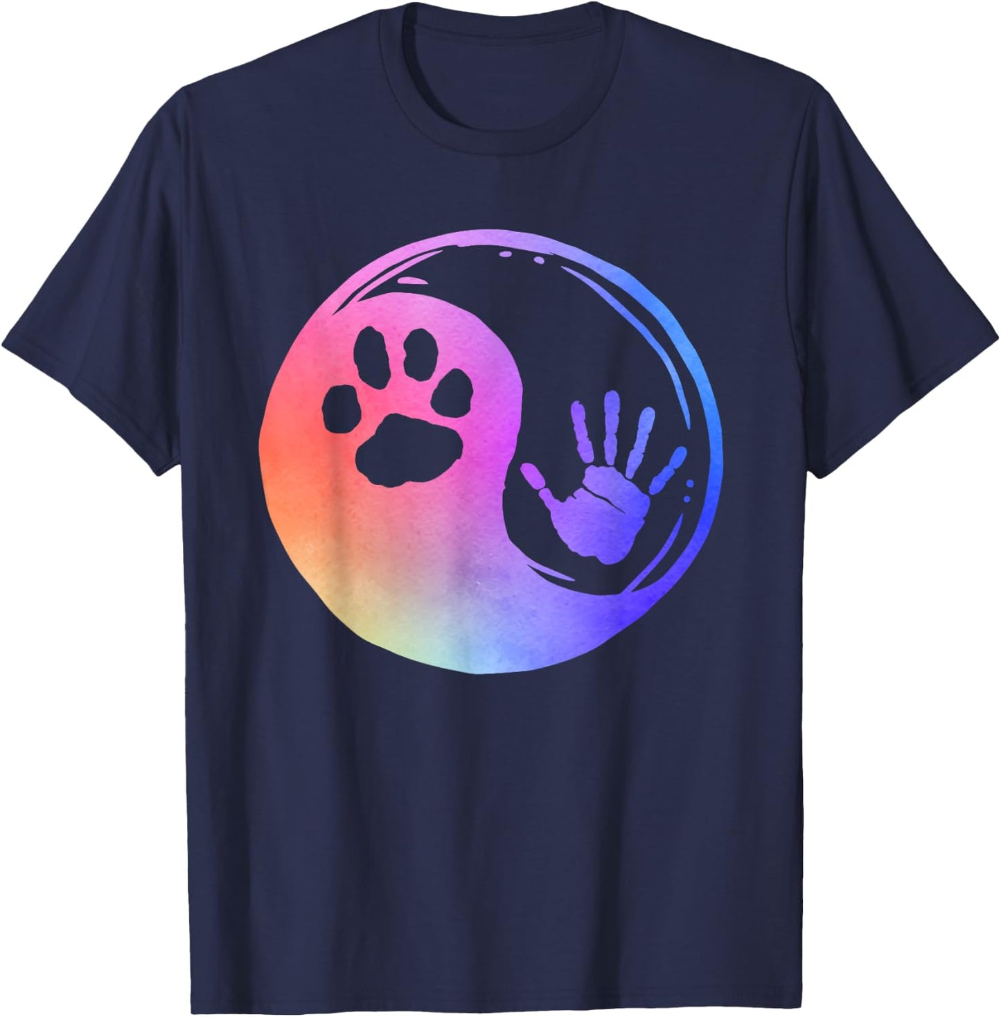Dog Cat Paw Print Hand Yin Yang Rainbow Pawprint Hand Print T-Shirt - T-Shirt | Navy