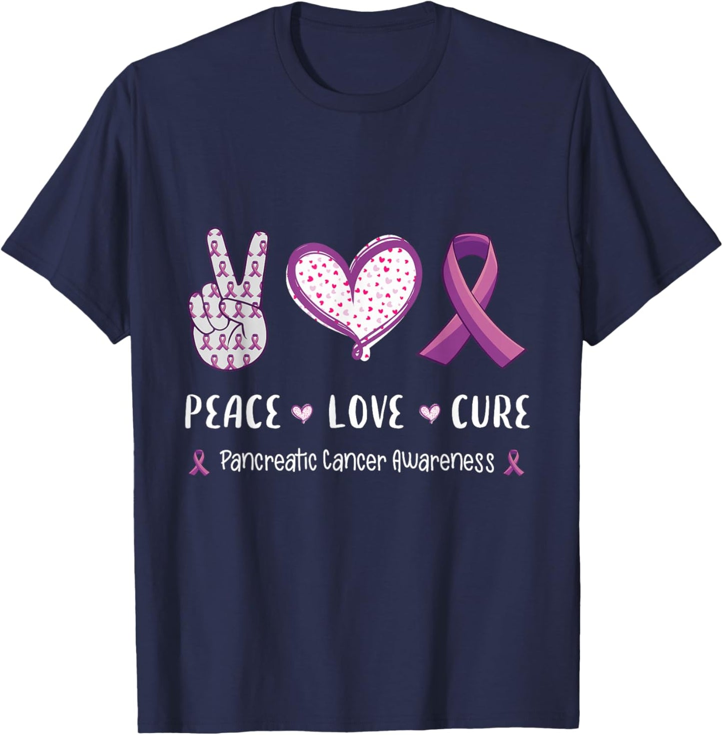 Peace Love Cure Pancreatic Cancer Awareness Men Women Kids T-Shirt - T-Shirt | Navy