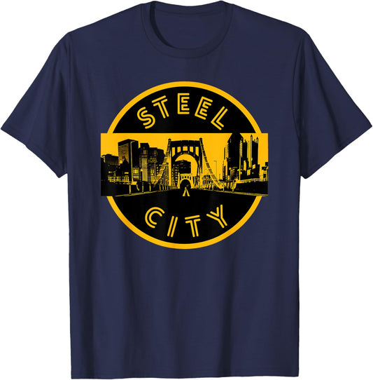 Pittsburgh Steel City Retro Skyline Bridge Pride T-Shirt - T-Shirt | Navy