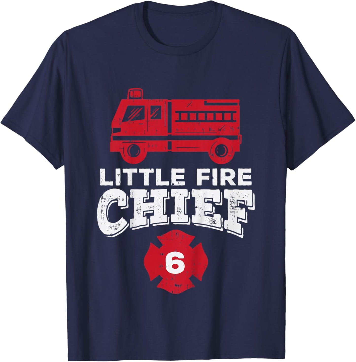 Kids Little Fire Chief 6 Truck 6th Birthday Firefighter Boys Gift T-Shirt - T-Shirt | Navy