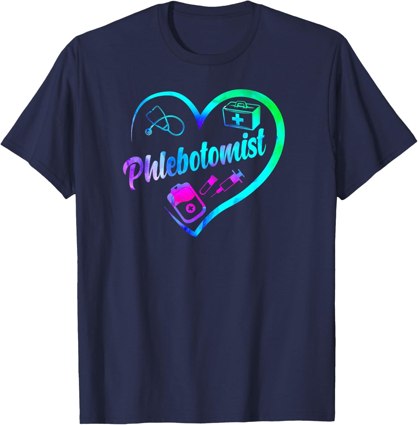 Phlebotomist Tech Technician Heart Watercolor T-Shirt - T-Shirt | Navy