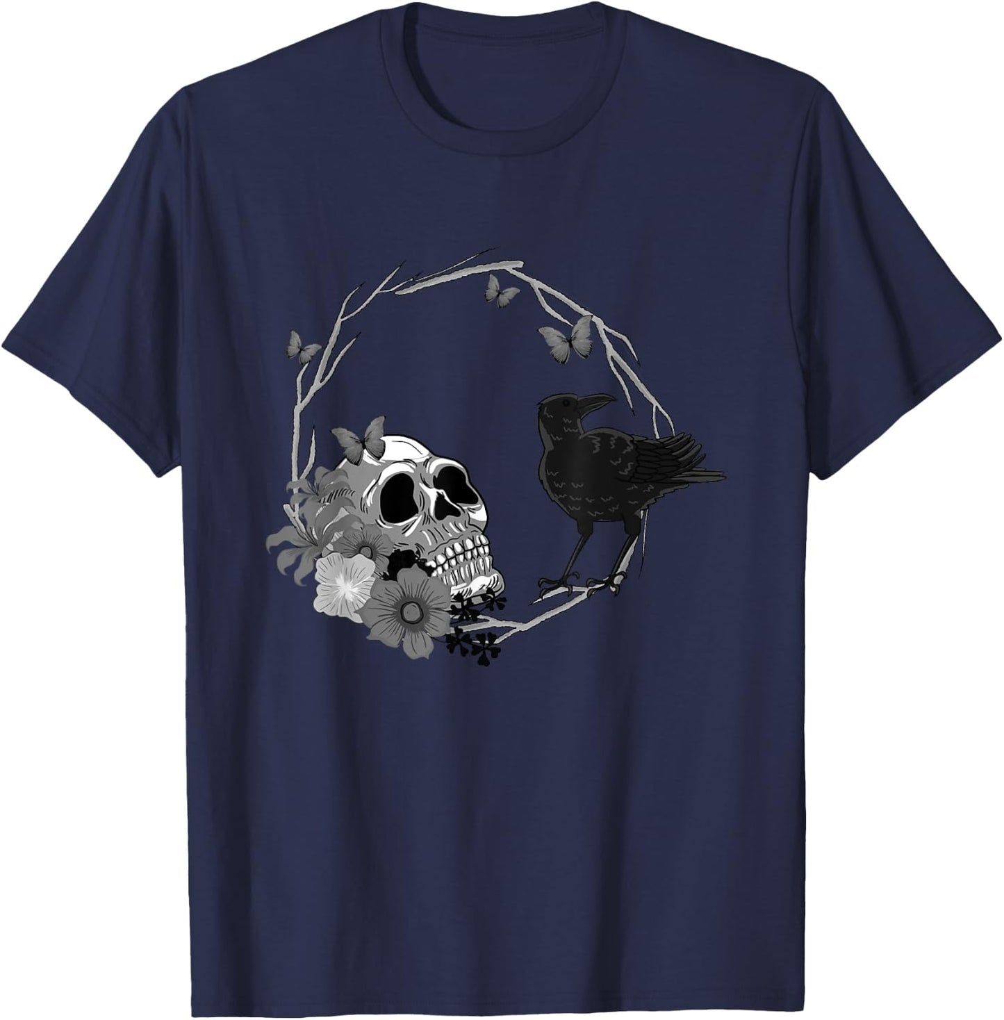 Floral Skull Death Crow Cool Scary Halloween Gothic Theme T-Shirt - T-Shirt | Navy