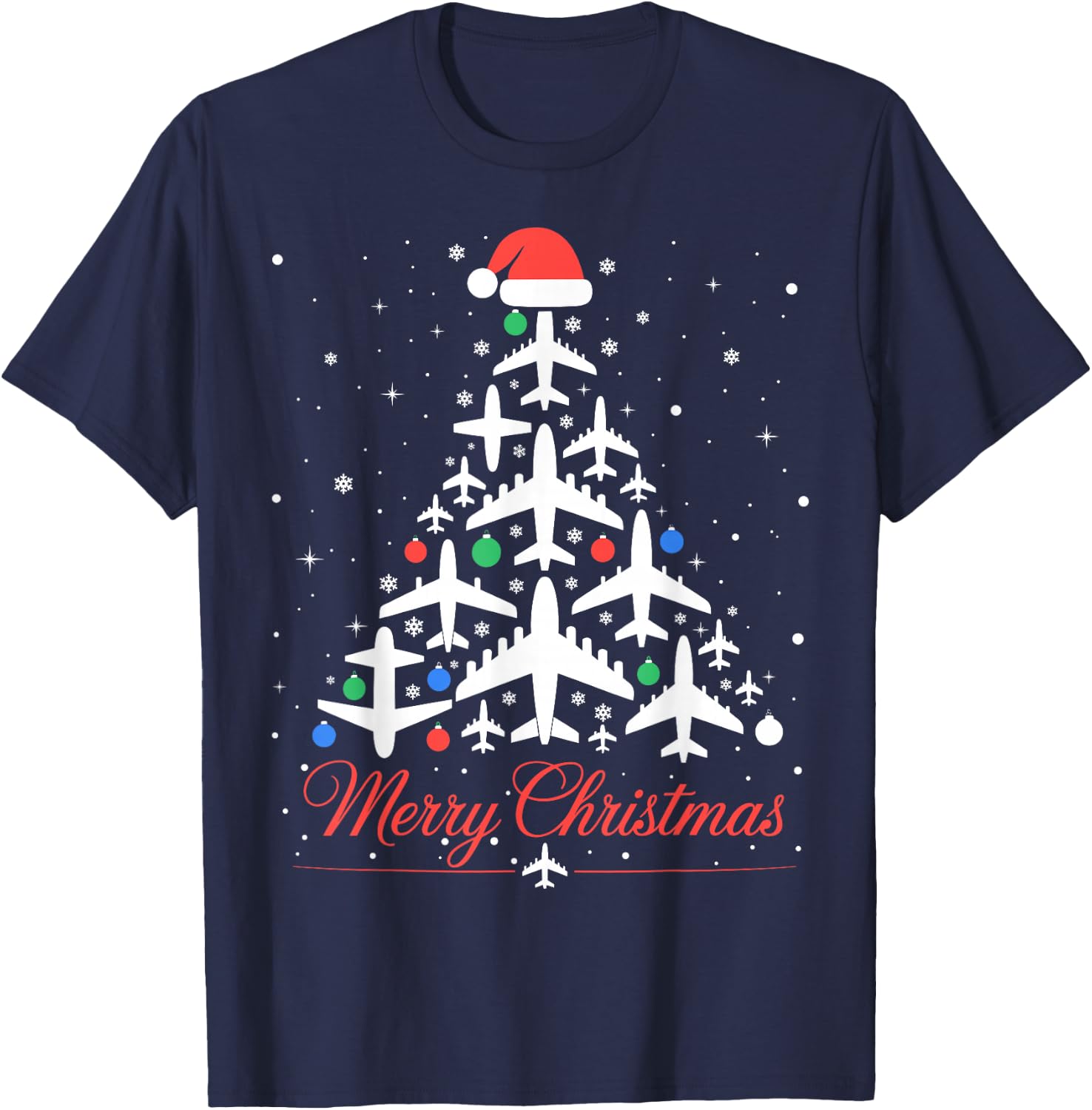 Funny Xmas Lights Ornaments Airplane Christmas Tree T-Shirt - T-Shirt | Navy