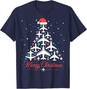 Funny Xmas Lights Ornaments Airplane Christmas Tree T-Shirt - T-Shirt | Navy