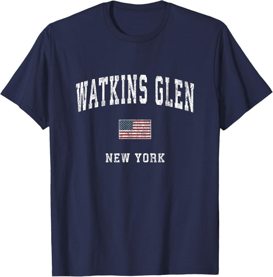 Watkins Glen New York NY Vintage American Flag Sports Design T-Shirt - T-Shirt | Navy