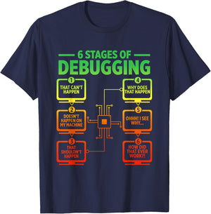 6 Stages Of Debugging Funny Programmer Computer Software T-Shirt - T-Shirt | Navy