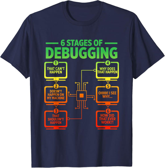 6 Stages Of Debugging Funny Programmer Computer Software T-Shirt - T-Shirt | Navy