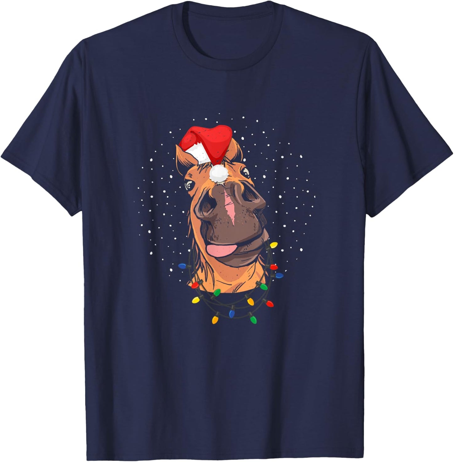 Horse Santa Hat Christmas Lights Riding Funny T-Shirt - T-Shirt | Navy
