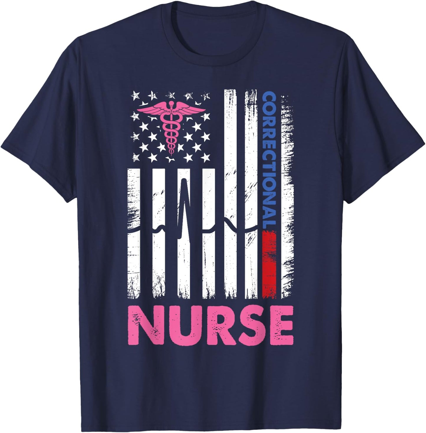 Funny Nurse Correctional American USA Flag Nurses heartbeat T-Shirt - T-Shirt | Navy