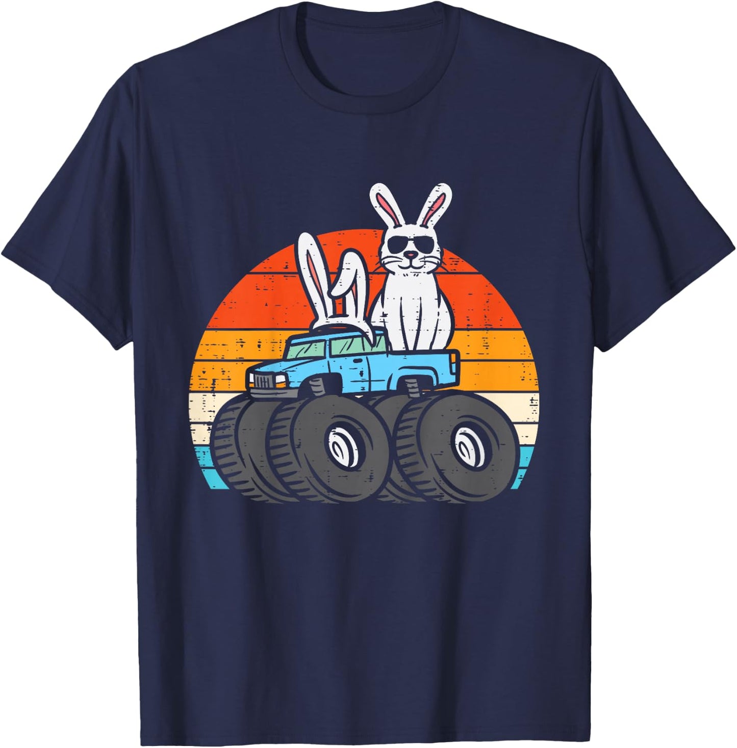 Kids Easter Bunny Rabbit Monster Trucks Retro Boys Kids Toddler T-Shirt - T-Shirt | Navy