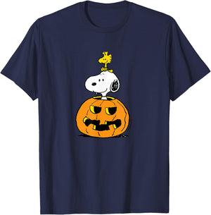 Peanuts - Halloween - Snoopy Woodstock Pumpkin T-Shirt - T-Shirt | Navy