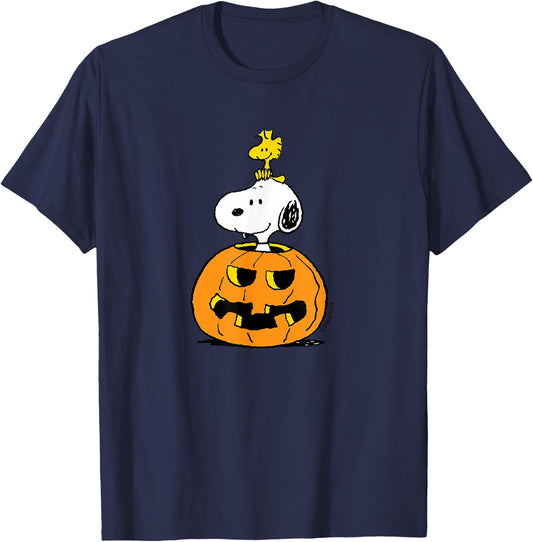 Peanuts - Halloween - Snoopy Woodstock Pumpkin T-Shirt - T-Shirt | Navy