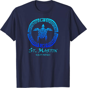 St. Martin, West Indies Vintage Retro Tribal Turtle Vacation T-Shirt - T-Shirt | Navy