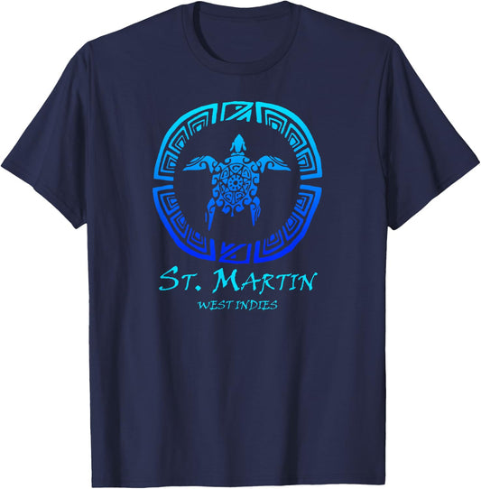St. Martin, West Indies Vintage Retro Tribal Turtle Vacation T-Shirt - T-Shirt | Navy