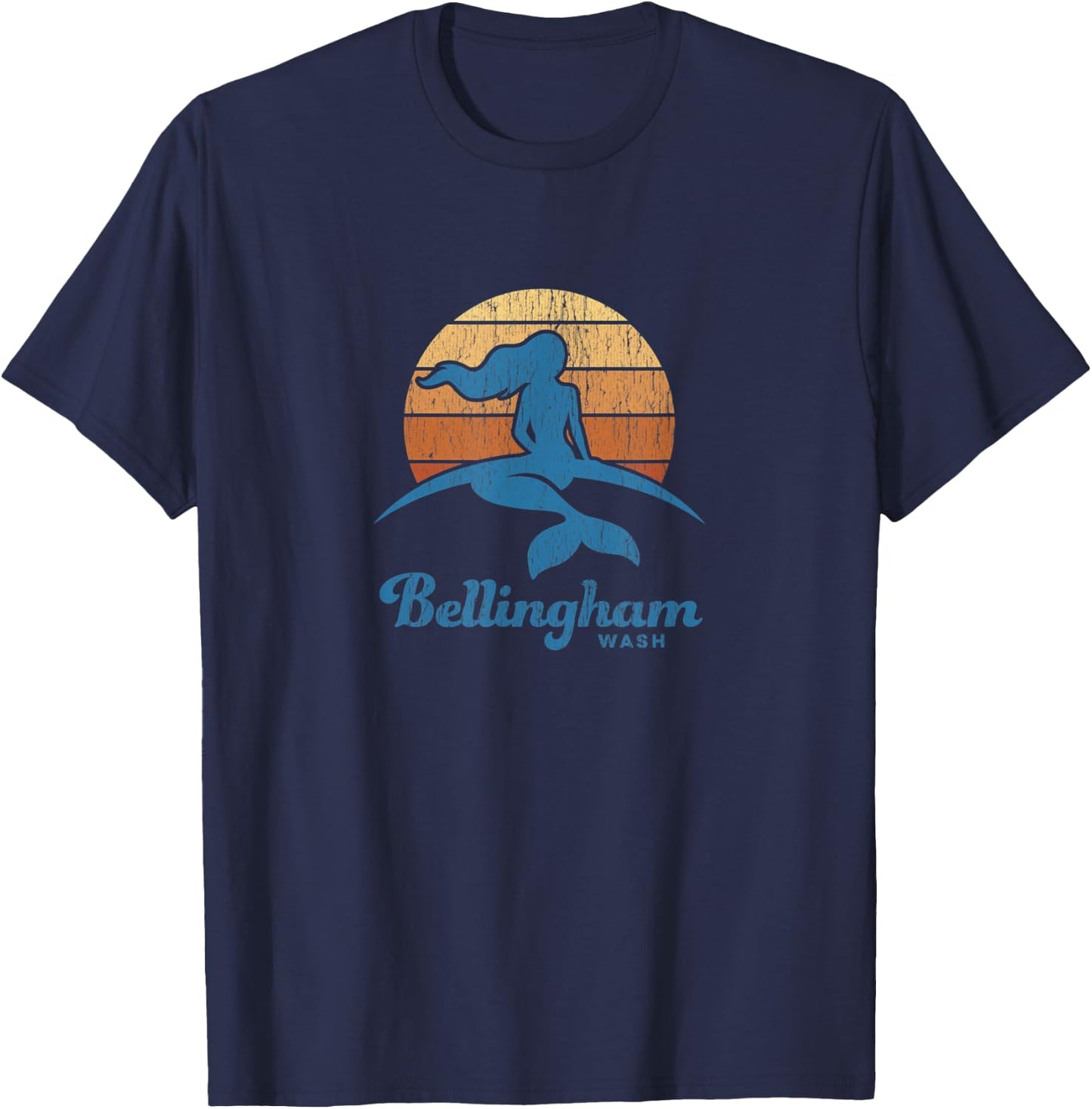 Bellingham WA Vintage Mermaid 70s Throwback Sunset T-Shirt - T-Shirt | Navy