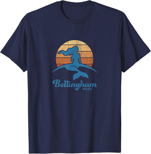 Bellingham WA Vintage Mermaid 70s Throwback Sunset T-Shirt - T-Shirt | Navy