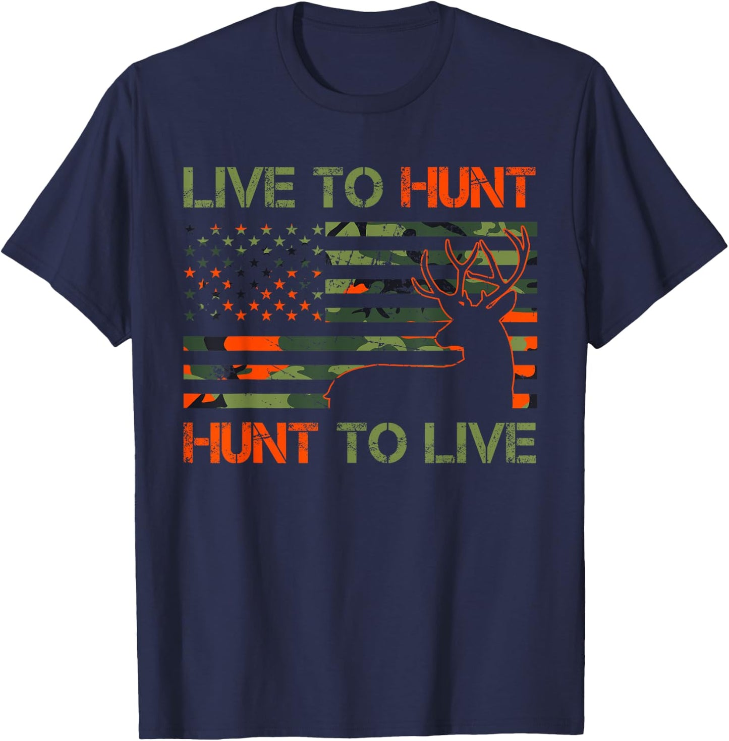 Live to Hunt Whitetail Buck Camo American Flag Deer Hunting T-Shirt - T-Shirt | Navy