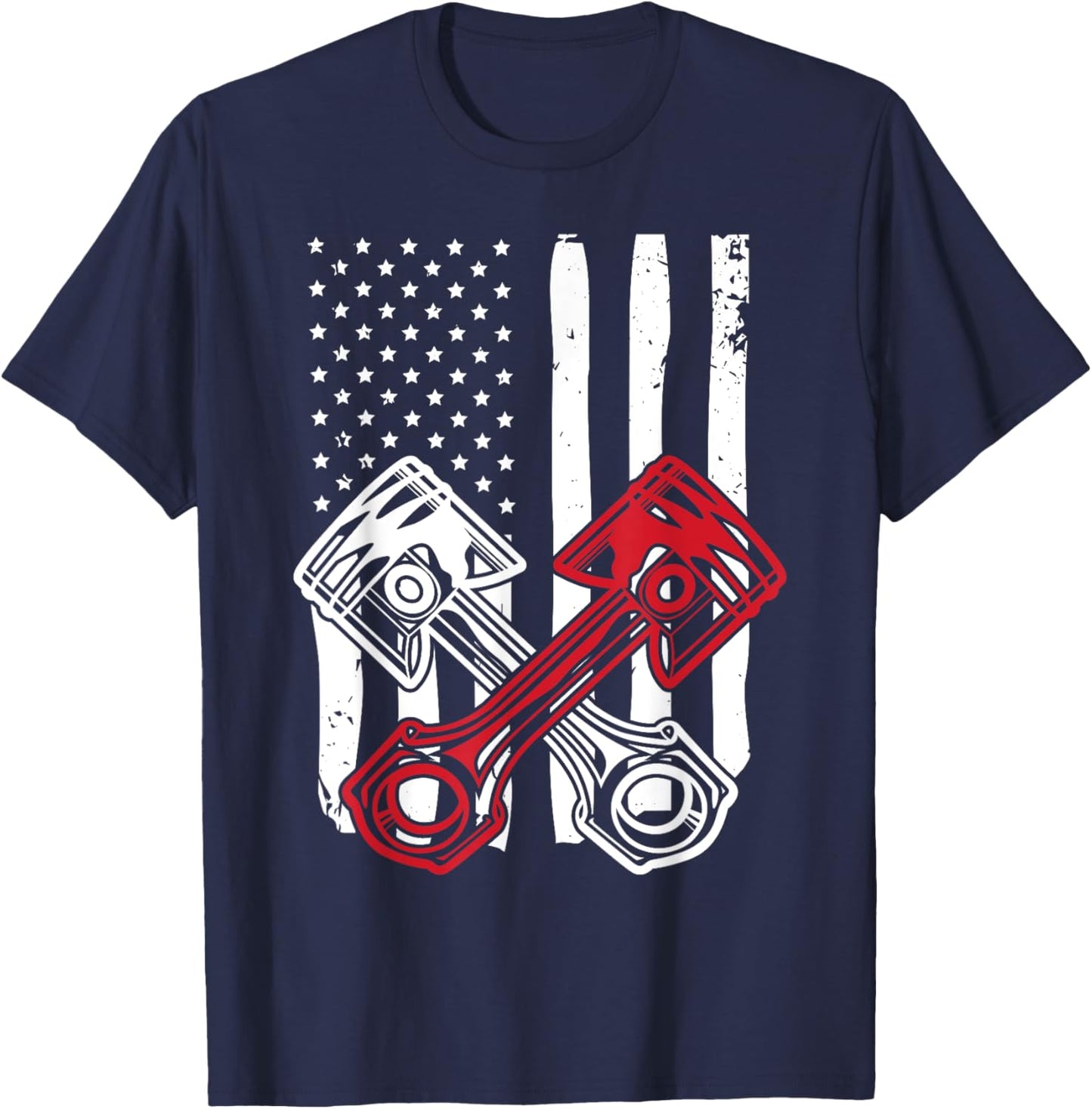 Vintage American Flag Piston Funny Muscle Car Mechanic Gift Men T-Shirt - T-Shirt | Navy