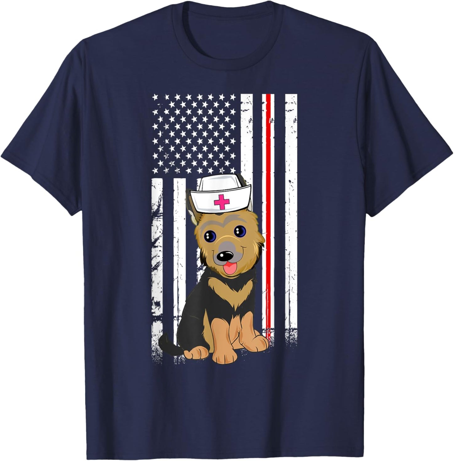 German Shepherd Dog Nurse American Flag Thin Red Line T-Shirt - T-Shirt | Navy