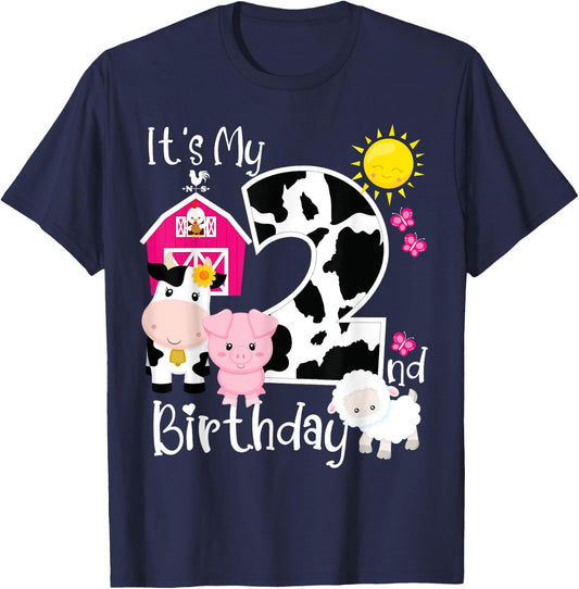 Farm Animals 2 Year Old It's My 2nd Birthday Party Bday Girl T-Shirt - T-Shirt | Navy