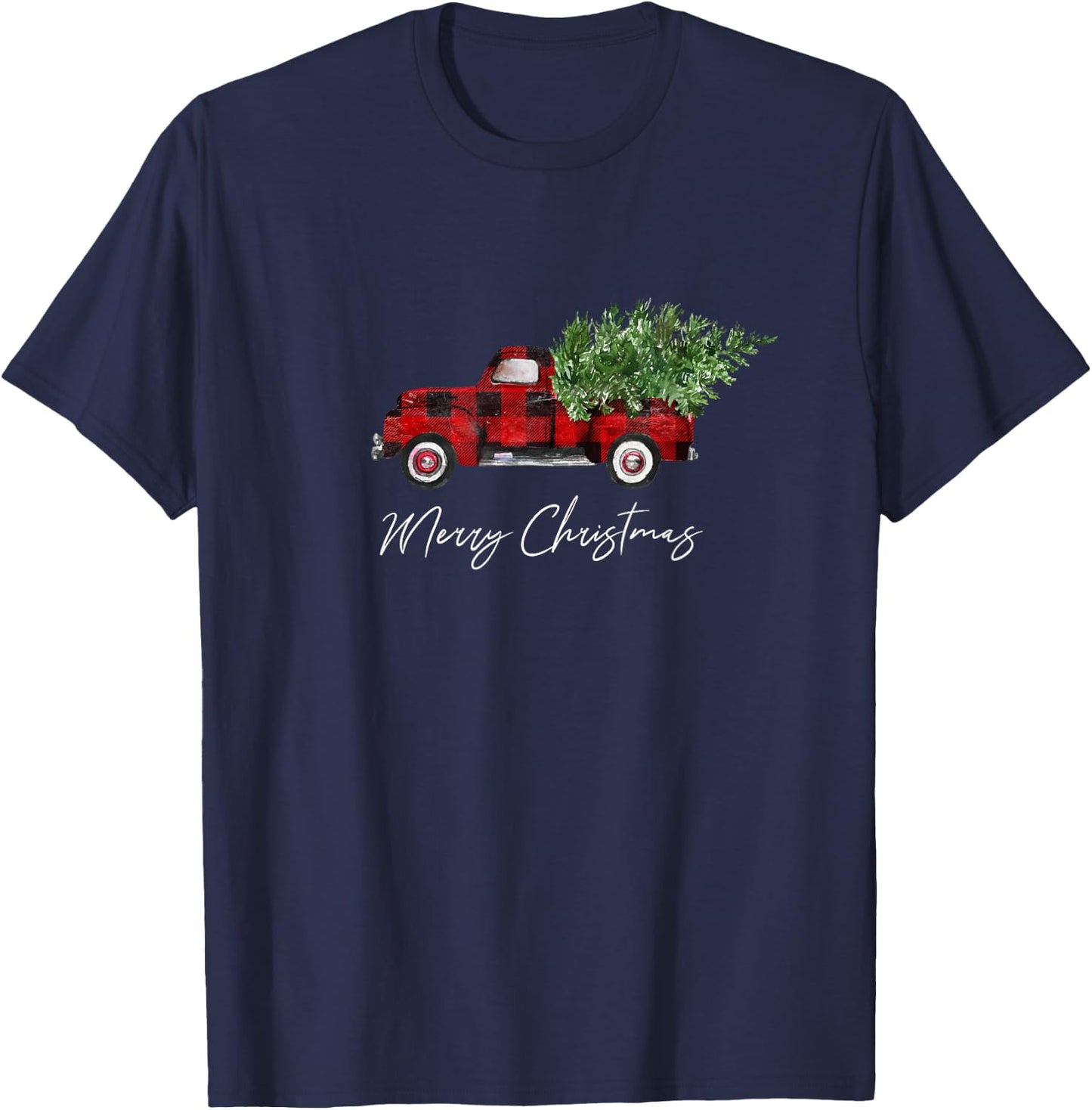 Merry Christmas Tree on Buffalo Plaid Truck T-Shirt - T-Shirt | Navy
