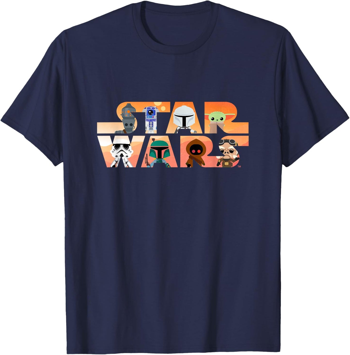 Star Wars Logo The Mandalorian Kawaii Characters T-Shirt - T-Shirt | Navy
