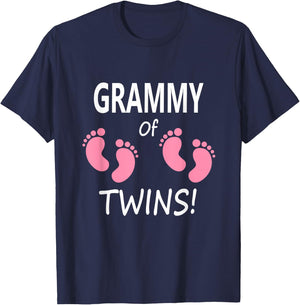 Women's Grandmother Grandma Grammy Twin Girls Pink Footprints T-Shirt - T-Shirt | Navy