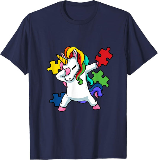 Dabbing Unicorn Puzzle Kids Autism Awareness Month T-Shirt - T-Shirt | Navy
