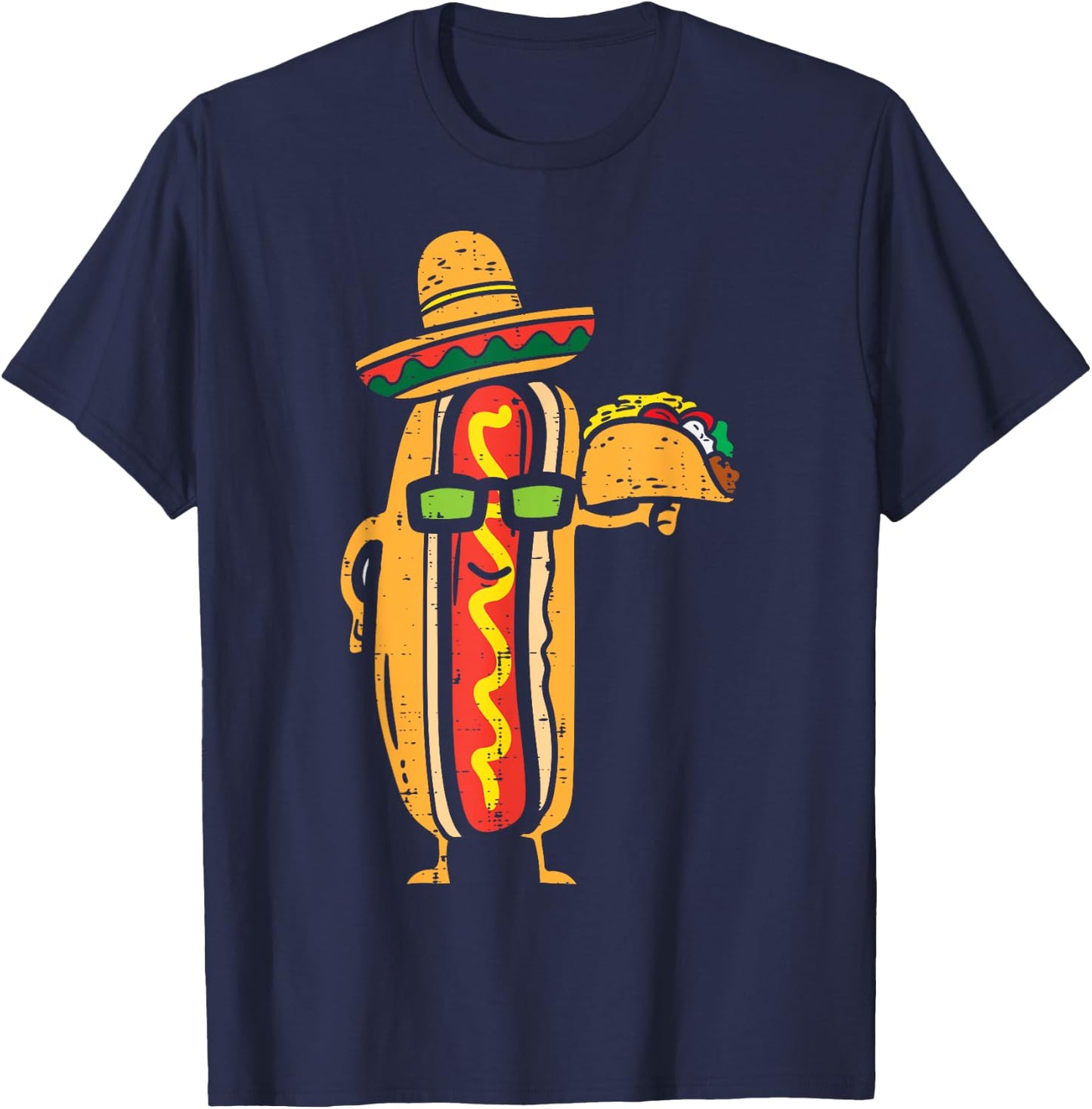 Mexican Hot Dog Holding Taco Funny Cinco De Mayo Food Lover T-Shirt - T-Shirt | Navy