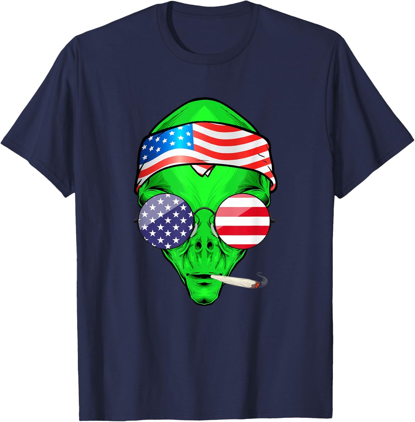 Hippie Alien American Flag 4th of July Funny Marijuana Weed T-Shirt - T-Shirt | Navy