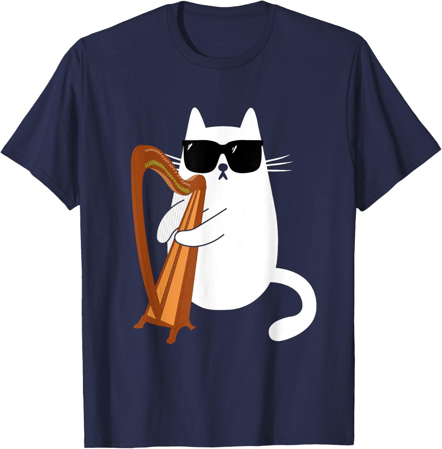 Funny Cat Wearing Sunglasses Playing Harp Harpist Musician T-Shirt - T-Shirt | Navy