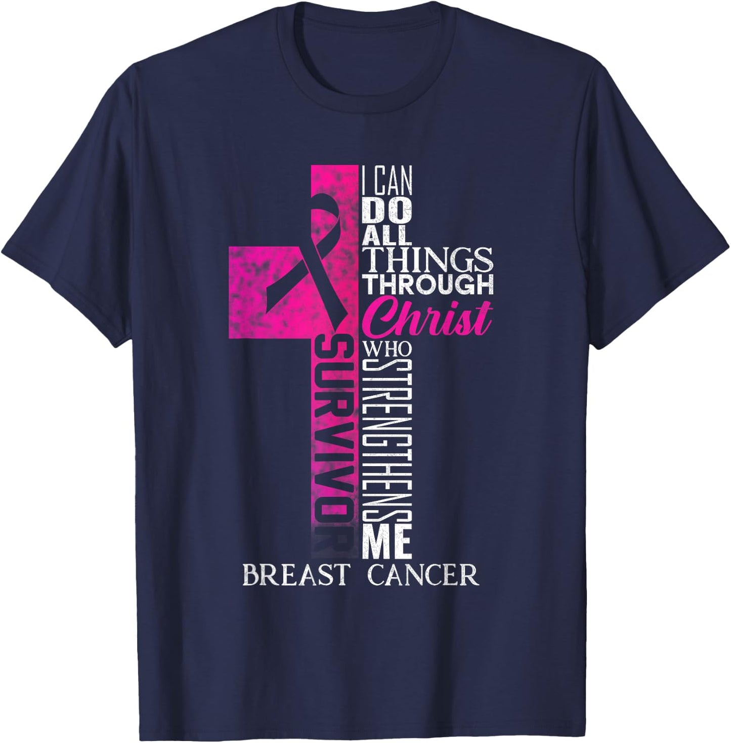 Pink Ribbon Breast Cancer Survivor Christian Cross T-Shirt - T-Shirt | Navy