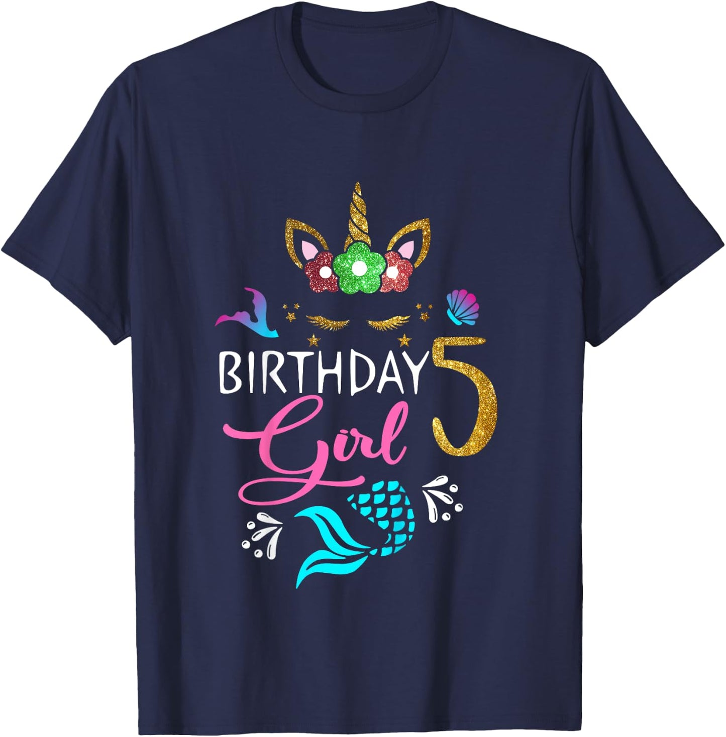 5 Years Old Unicorn Shirt Mermaid Tail 5th Birthday Girl T-Shirt - T-Shirt | Navy