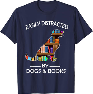 Easily Distracted By Dogs & Books Funny Golden Retriever T-Shirt - T-Shirt | Navy