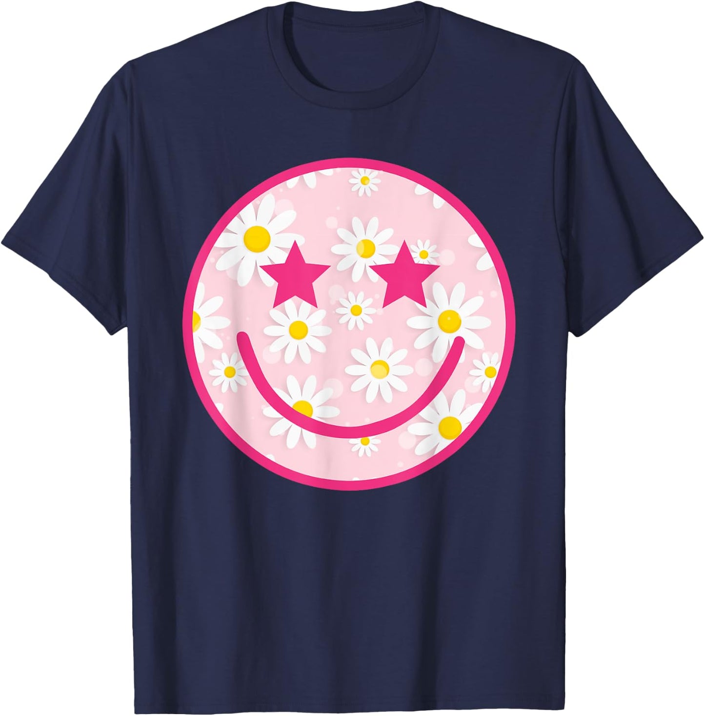Funny Pink Happy Face Daisy Flower Smile Face Trendy T-Shirt - T-Shirt | Navy