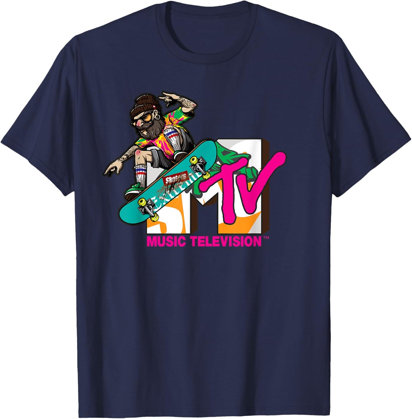 Mademark x MTV - The official MTV Logo with a hipster skater on his board T-Shirt - T-Shirt | Navy