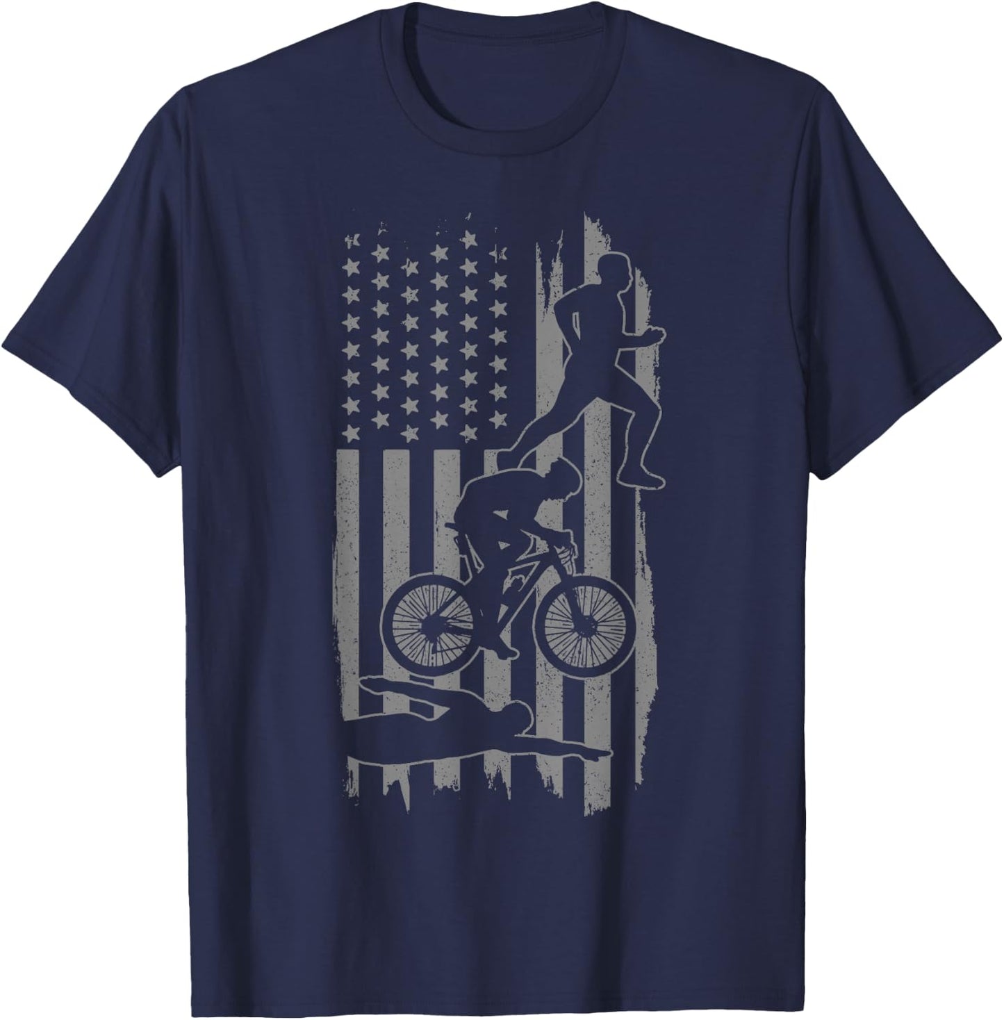 Triathlon US Flag Swim Bike Run Sport Patriotic Triathlete T-Shirt - T-Shirt | Navy
