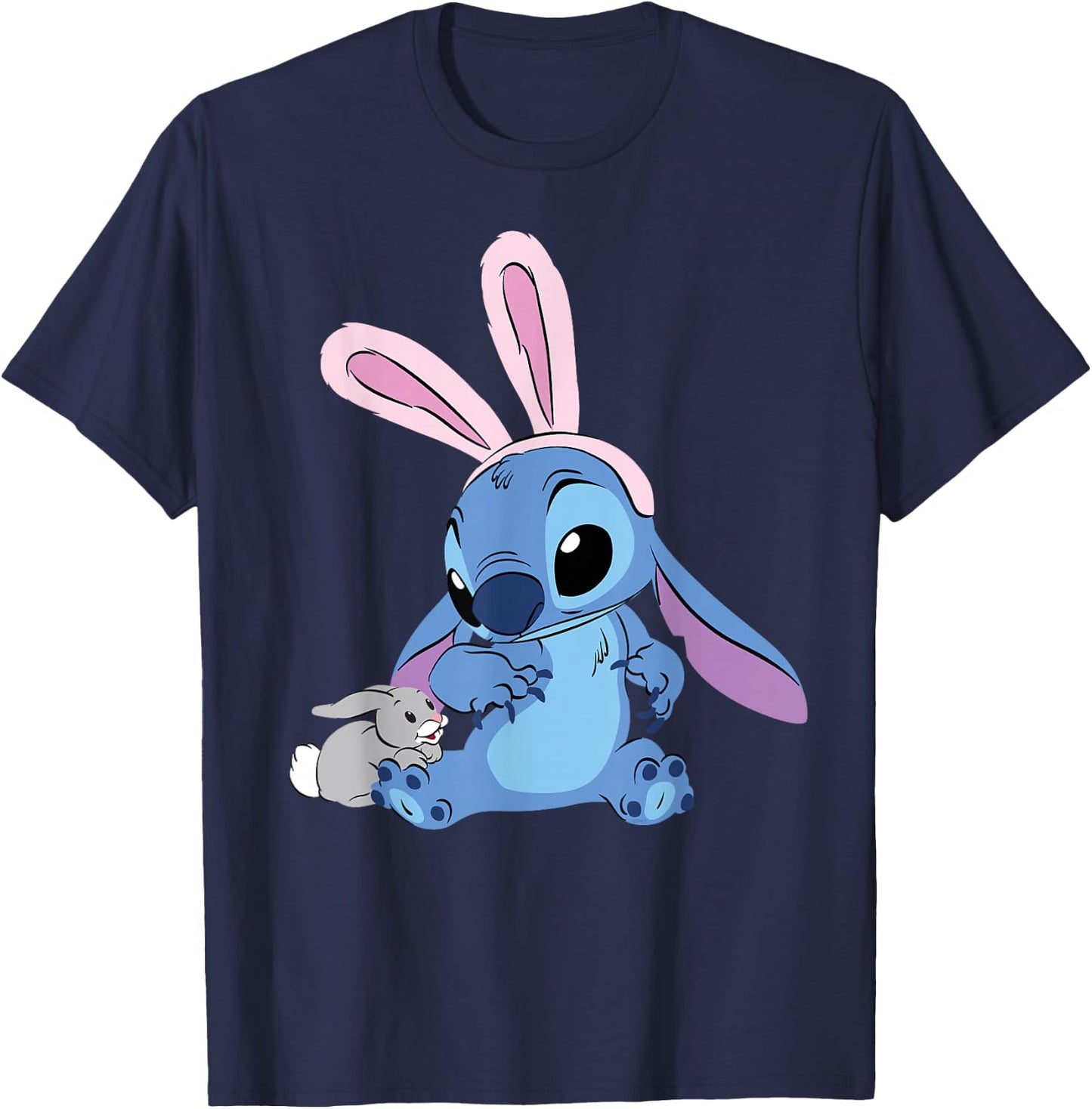 Disney Stitch in Easter Bunny Costume with Cute Fuzzy Friend T-Shirt - T-Shirt | Navy
