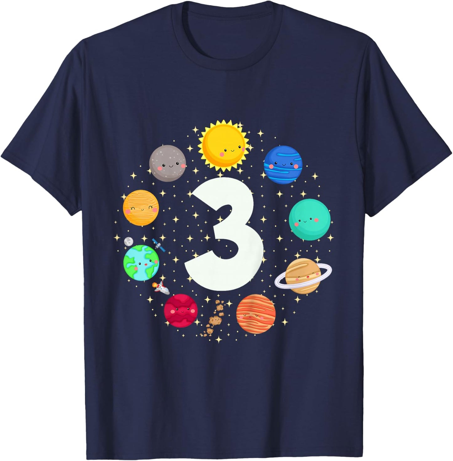 Kids 3 Years Old Boy Planets Space 3rd Birthday Kids T-Shirt - T-Shirt | Navy