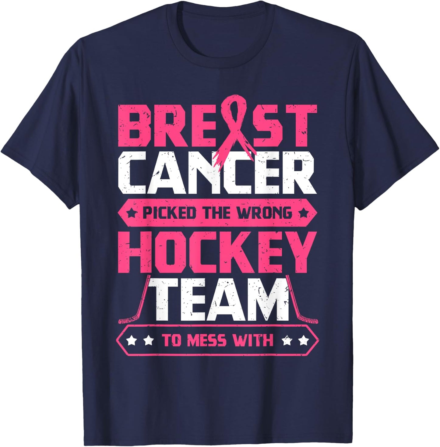 Breast Cancer Hockey Team Pink Awareness Ribbon Patient T-Shirt - T-Shirt | Navy