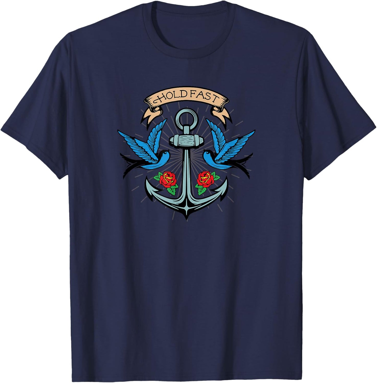 Hold Fast Anchor Sparrow Rose Tattoo-Inspired Gift T-Shirt - T-Shirt | Navy
