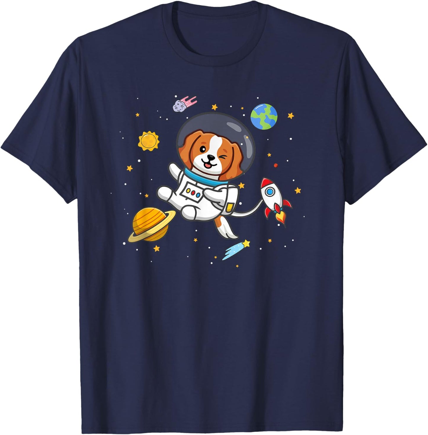 Funny Cartoon Kawaii Kids Boys Girl Space Cavalier Dog Lover T-Shirt - T-Shirt | Navy