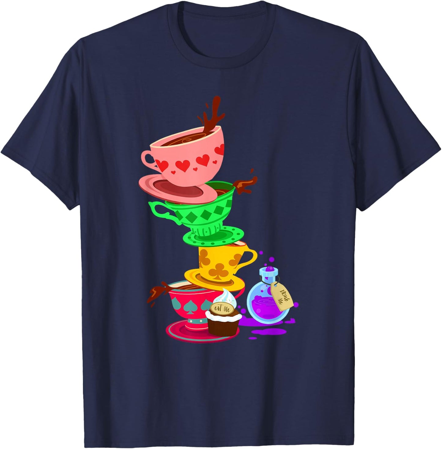 Tea Cups Alice Tea Party Wonderland Card T-Shirt - T-Shirt | Navy