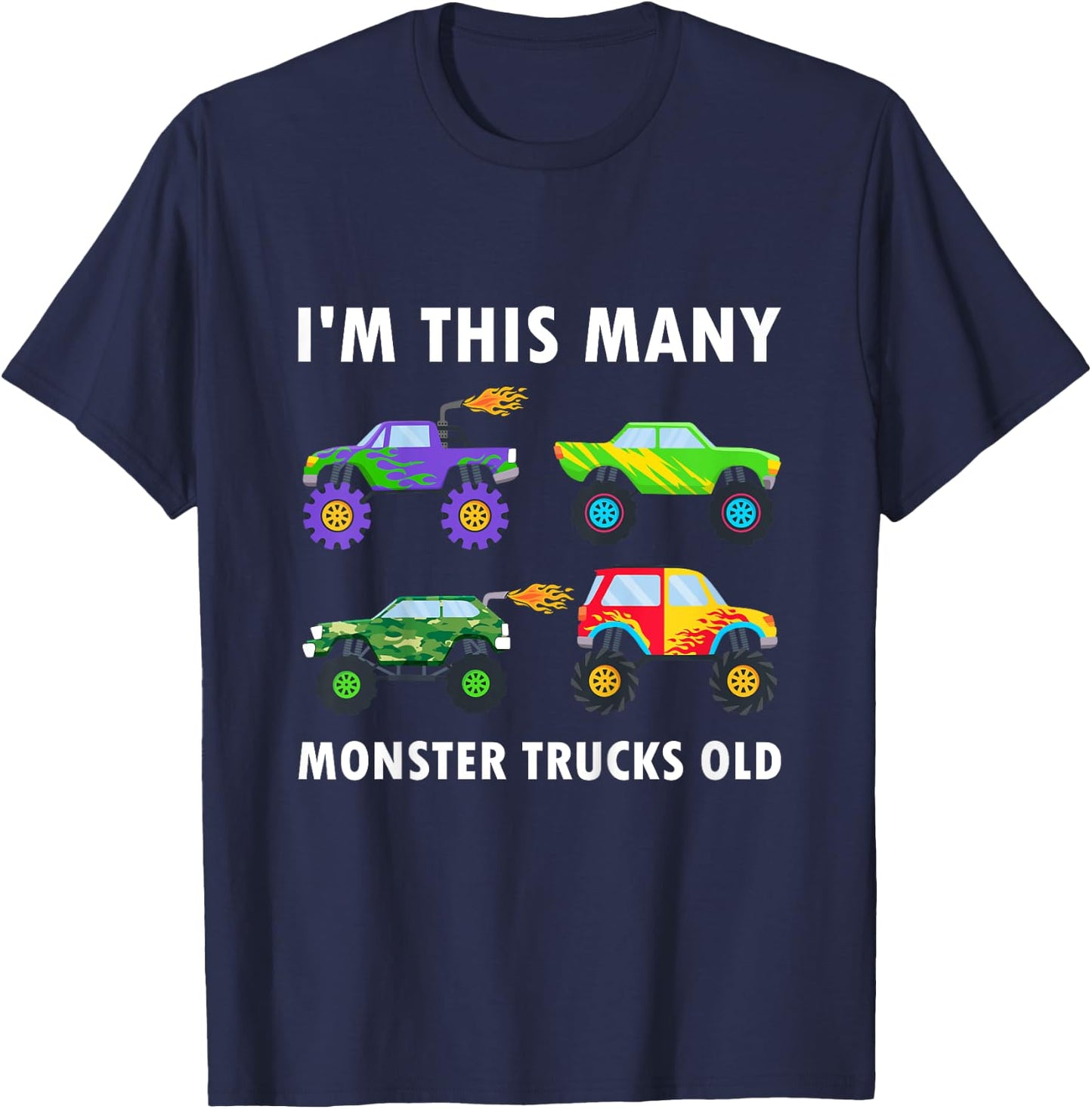Kids 4 Years Old Boy Monster Trucks Old 4th Birthday Kids T-Shirt - T-Shirt | Navy