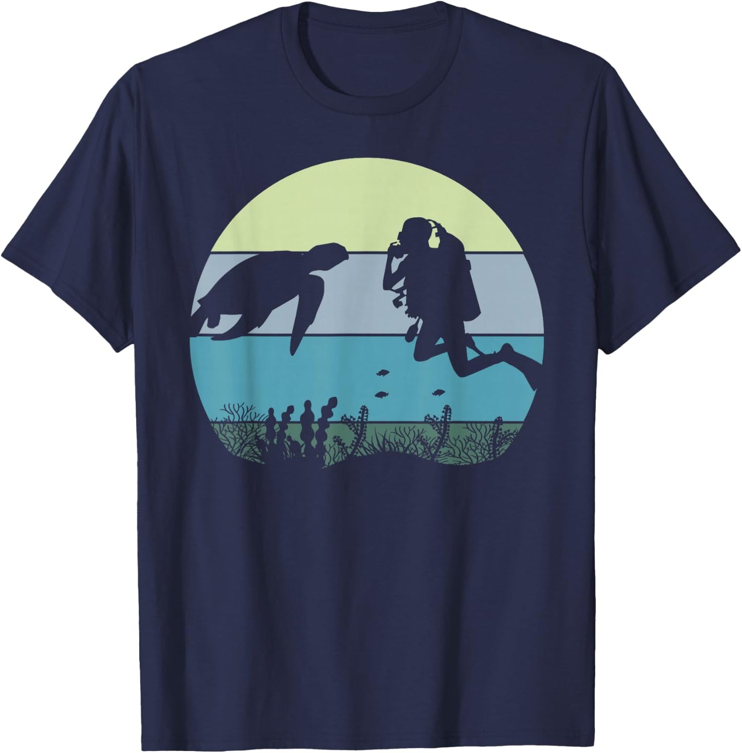 Scuba Diver Diving and Sea Turtle In The Blue Pacific Ocean T-Shirt - T-Shirt | Navy