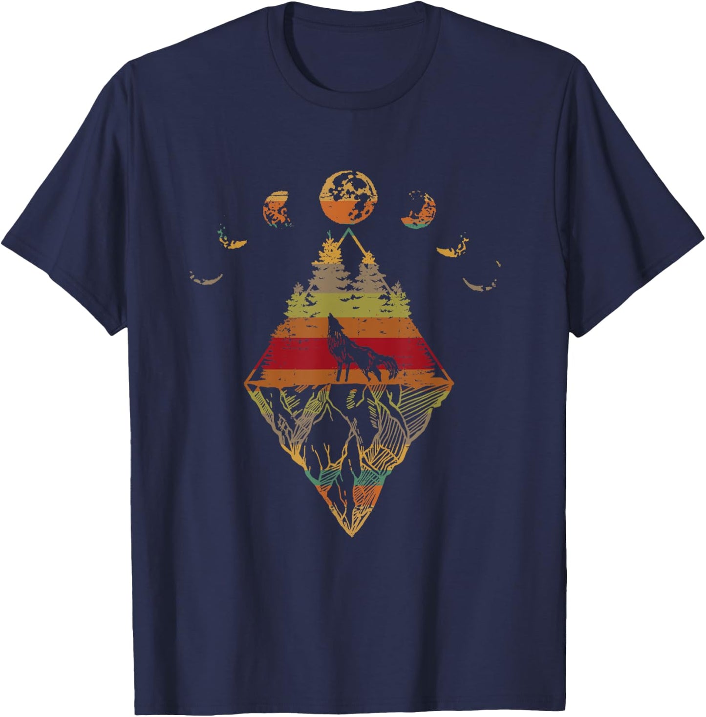 Howling Wolf Phases Of The Moon Retro T-Shirt - T-Shirt | Navy