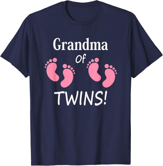 Grandma of Twin Girls Footprint Design Grandmother T-Shirt - T-Shirt | Navy